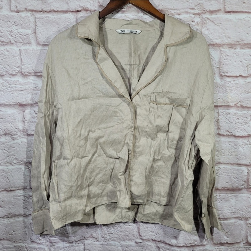 Zara Tan Sand Linen Button Front Long Sleeve Oversized Collar Shirt